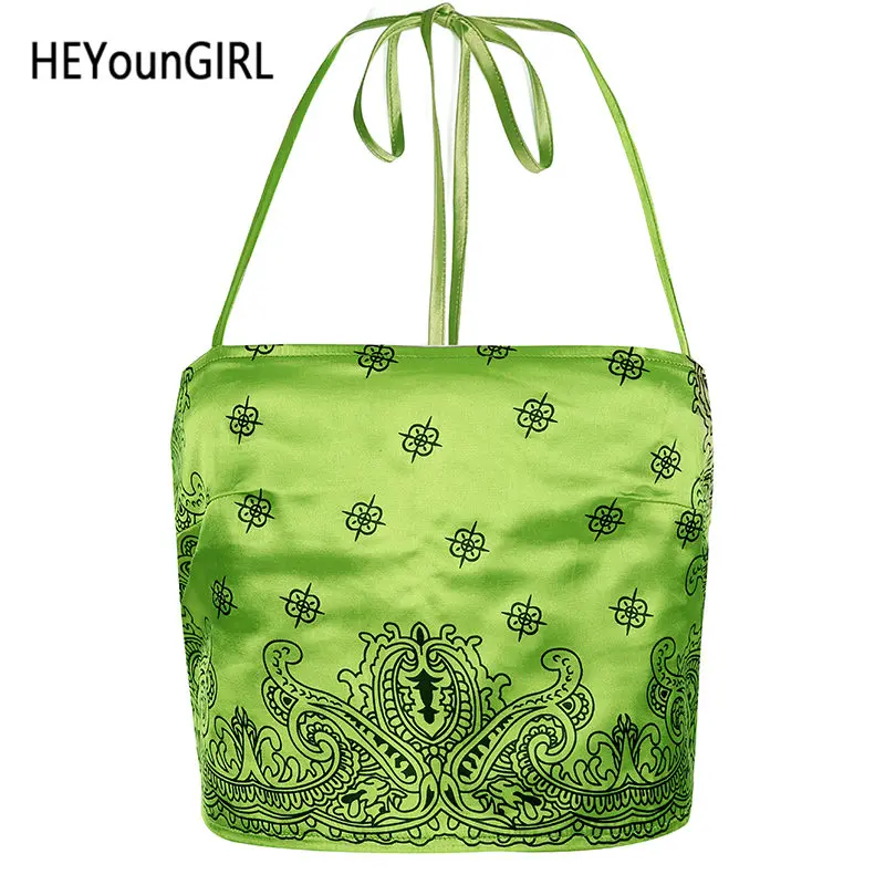 Зеленый HEYounGIRL Холтер с открытой спиной женский топ на бретелях Harajuku неоновый зеленый пикантные Топы Футболки без рукавов атласный жилет Летний Топ завязать лето - Цвет: Зеленый