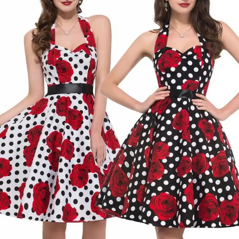 

2019 Retro Hepburn Style Halter Floral Dot Print Dress Women Sling Swing Dresses Sleeveless Floral Printed Rockabilly Dress