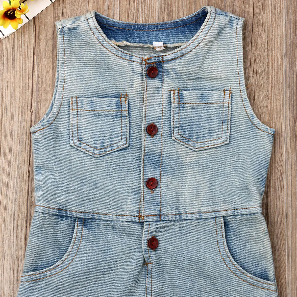 Детский джинсовый комбинезон без рукавов однобортный однотонный синий одежда