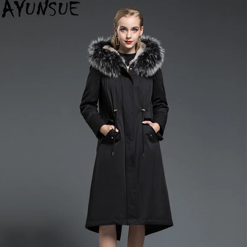 AYUNSUE Parka Real Fur Coat Female Natural Rabbit Liner Long Coats Winter Jacket Women Raccoon Collar Warm Parkas MY3501 | Женская