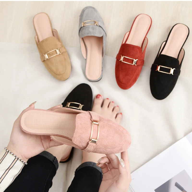 Большие размеры 34-44; женские туфли без задника из замши в стиле ретро; шлепанцы без застежки с металлической пряжкой и квадратным каблуком; обувь с круглым носком; Женские однотонные слипоны;
