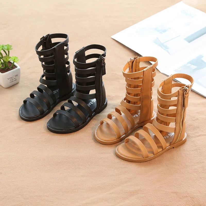1 2 3 4 5 6 7 8 Years Little Girls Summer Rome Long Sandals Boots For Kids Girls Brown Black Dress Shoes Sandals New