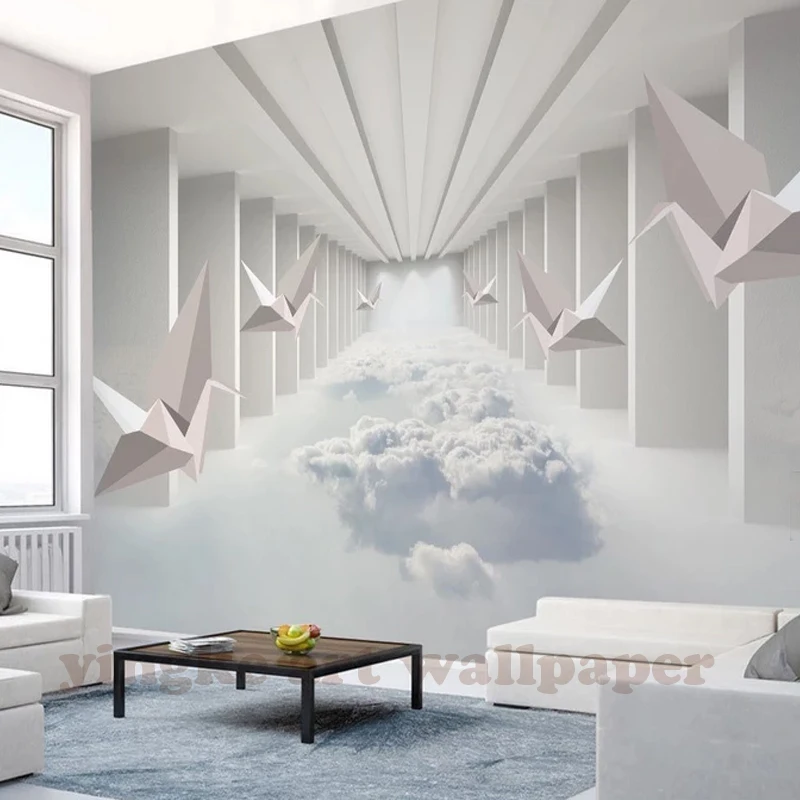 

Фотообои 3D стереоскопические, бумажные обои с абстрактным изображением журавлей и облаков для стен, спальни, гостиной