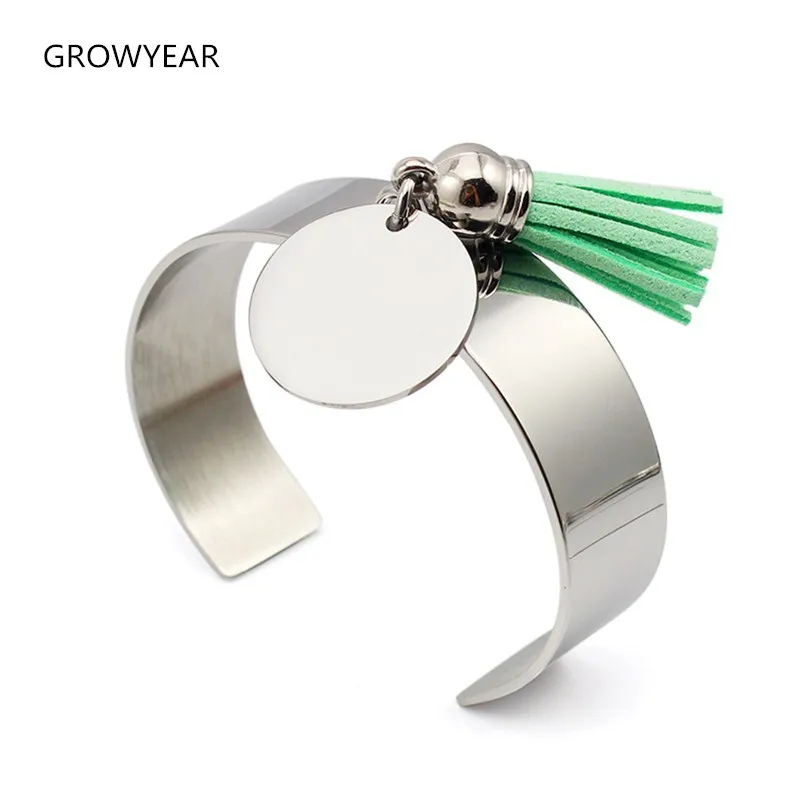 

Steel Round Charm Leather Tassel Cuff Bangle Bracelet Women Silver Color Fashion Jewelry 1 piece Free Shipping