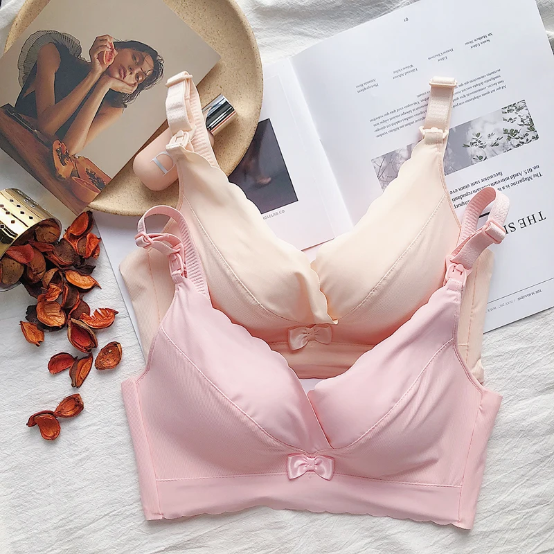 

Wasteheart New Women Fashion Pink Gray Wireless Padded Bras Push Up Adjustable Straps Trim One-Piece Bras Bralette Bow