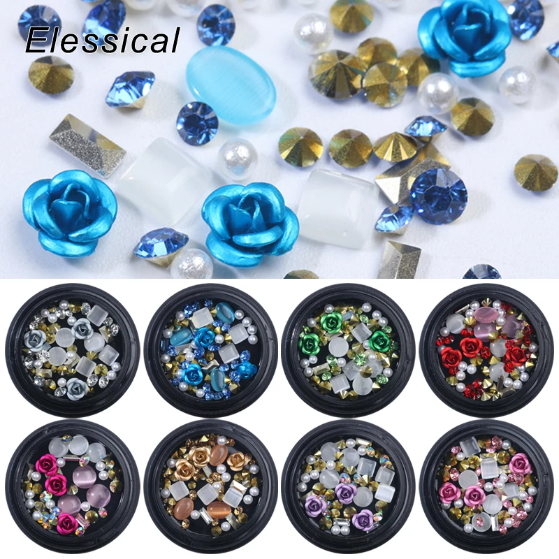 

Elessical Mix 3D Nail Decoration Metal Flower Nail Charms Tip Crystal Rhinestones Gems Nails Accessories Cat Eye Manicure Strass