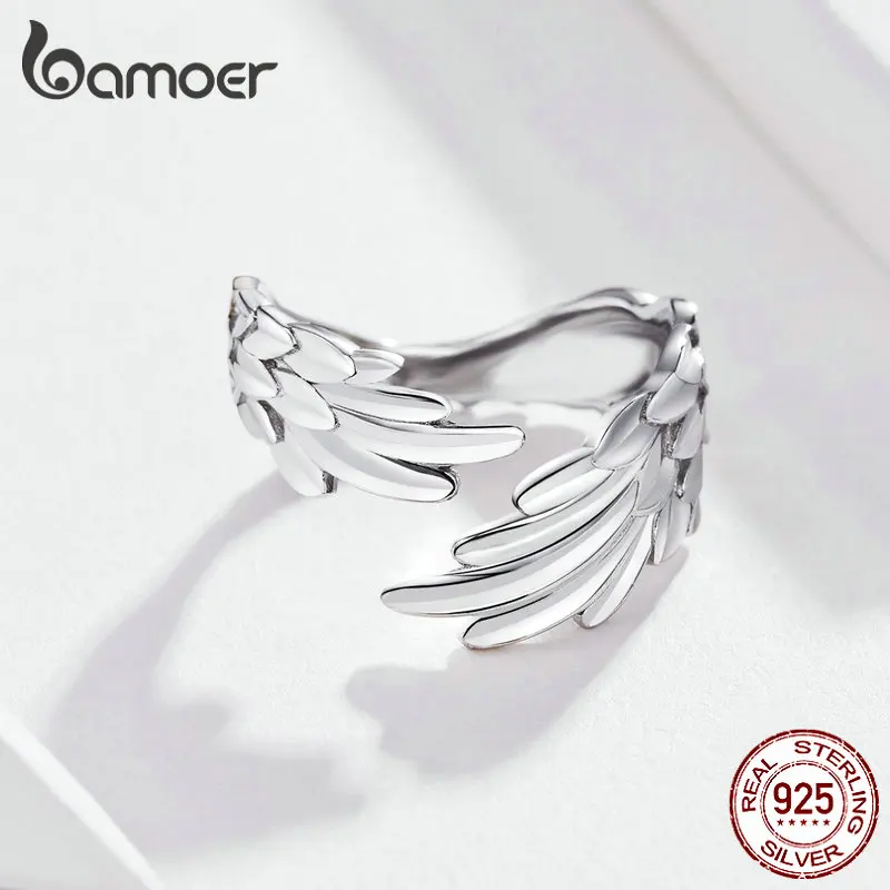 BAMOER Guardian Wings Кольцо, настоящее 925 пробы, серебро, свободный размер, регулируемые кольца на палец для женщин, модное ювелирное изделие SCR512