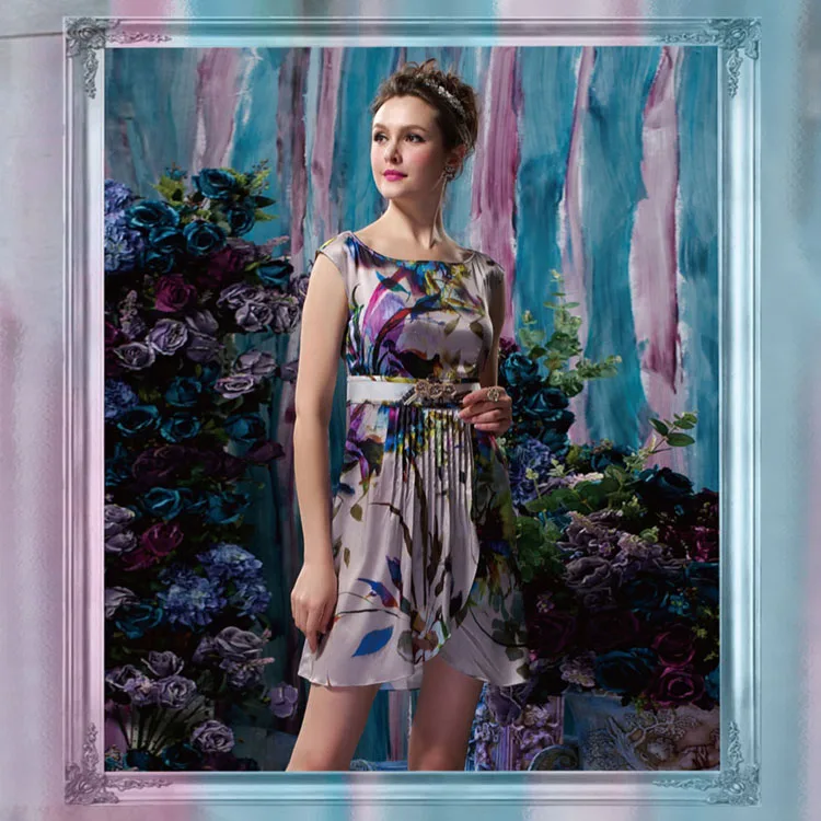 Платье из 100% шелка и сатина с принтом женские платья натурального в летнем стиле