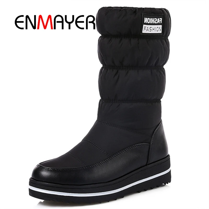 

ENMAYER Plus size 35-44 new snow boots women warm cotton down shoes waterproof boots fur platform mid calf boots black CR960