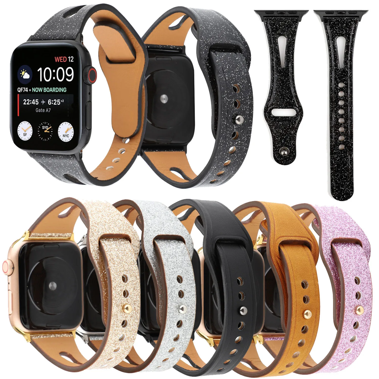 Ремешок из блестящей кожи для Apple Watch Band 44 мм 42 40 38 браслет натуральной наручных