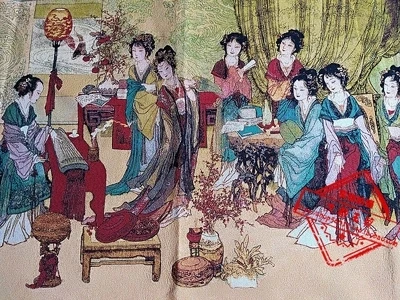 Антикварные Двенадцать красавиц вышитые двенадцать золотых цепей|Статуэтки и