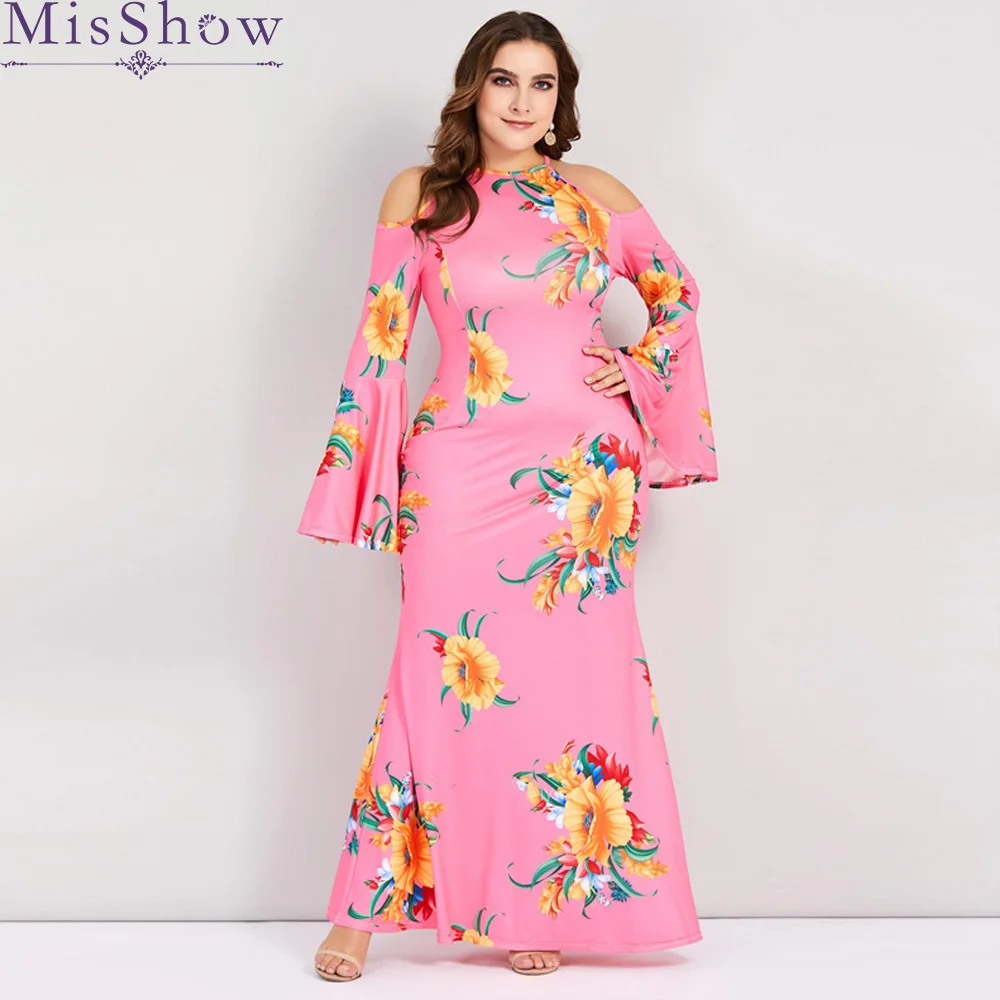 2019 Spring Sexy Women Plus Size Long Dress 3XL 4XL Halter Summer Casual Floral Big Off Shoulder Elastic Pink Maxi | Женская одежда
