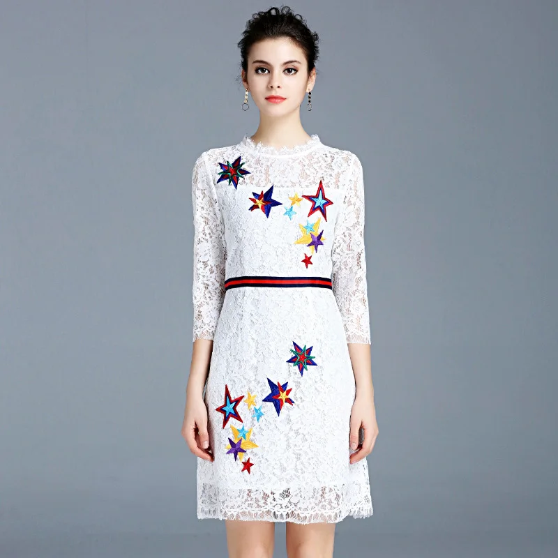 2017 г. Новейшая Весенняя Для женщин Кружево платье звезды Вышивка выдалбливают