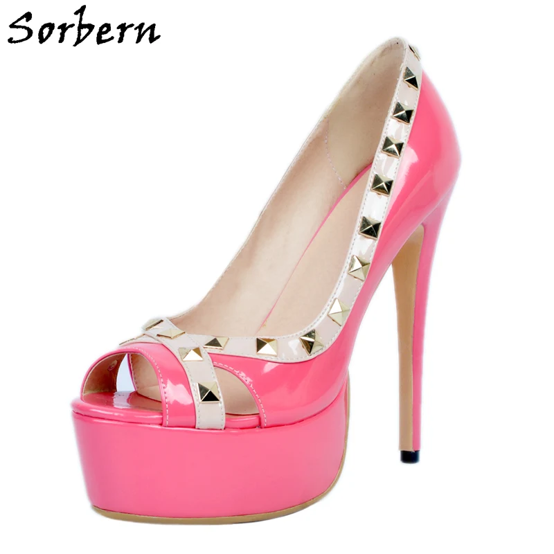 

Sorbern Fuchsia Patent Leather Slip On Peep Toe Shoes Women Platform Peep Toe Ladies High Heel Shoes Rivet Platform Heels Big