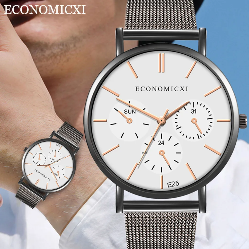 Мужские модные часы reloj hombre, простые часы из нержавеющей стали с тремя глазами, маленький циферблат, мужские кварцевые часы
