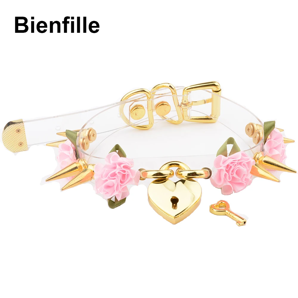 

Lolita Cute Girl 100% Hand Crafted Gold Spiked Lock Heart Collar With Key Rose Flowers Spikes Choker Transparent Necklace