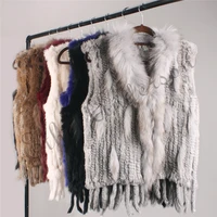 ethel anderson genuine womens rabbit fur vest gilet tassels real fur coat kintted waistcoat raccoon fur collar outwear