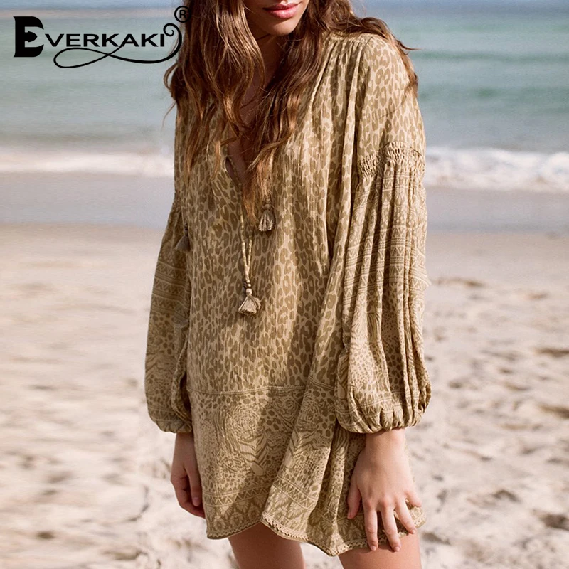 Everkaki Boho мини платье с цветочным принтом для женщин хлопковое v образным вырезом и