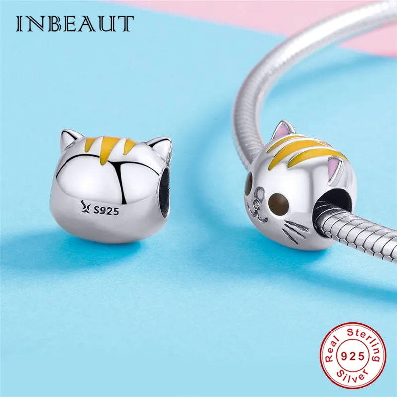 INBEAUT 100% 925 пробы Серебристые желтые волосы и розовые уши кот девушка бусины