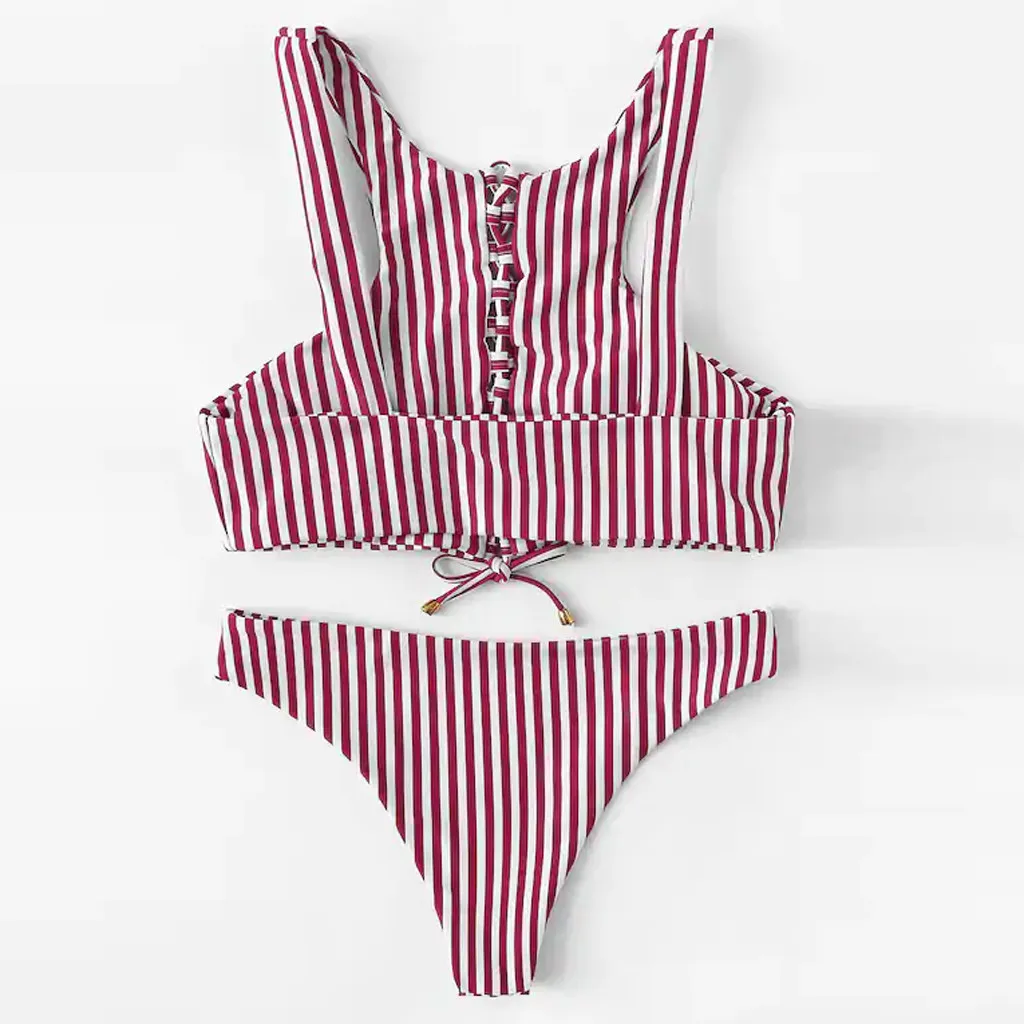 Пикантные для женщин с высокой талией в полоску печати Розовый бинты молния