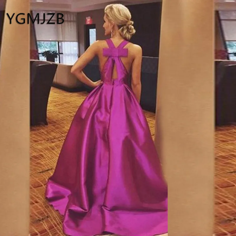 Elegant Fuchsia Satin Evening Dresses With Pockets 2019 Deep V-Neck Backless Long Prom Dress Women Formal Gown Party | Свадьбы и