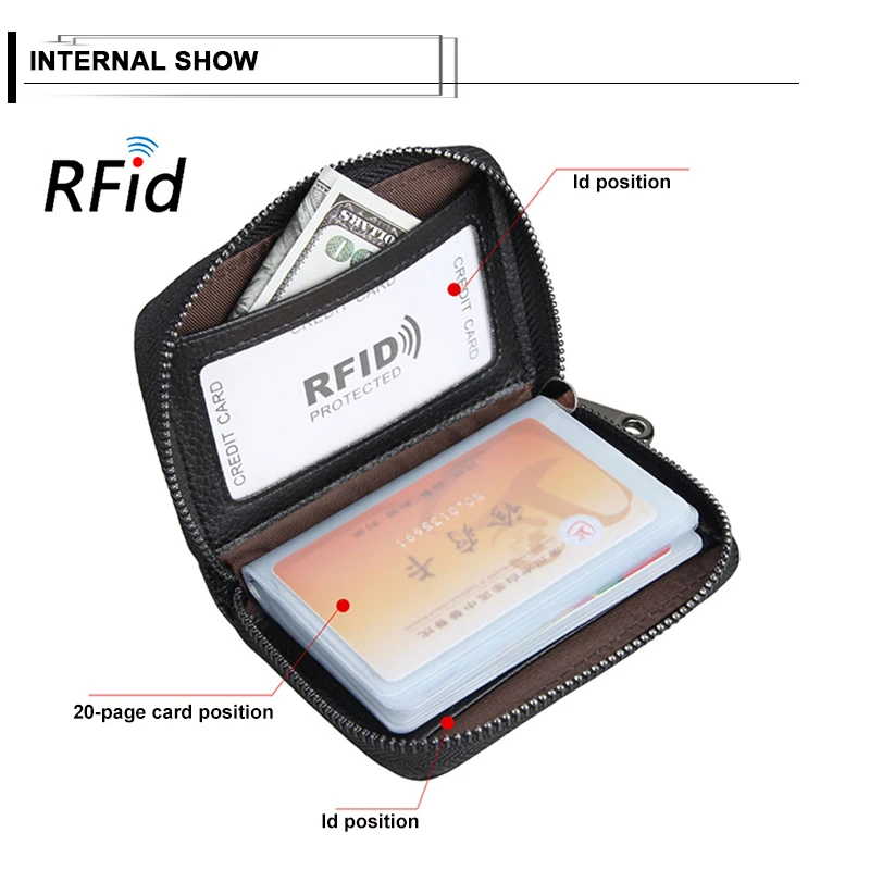 Новый кошелек унисекс на молнии с технологией RFID из натуральной кожи держатель