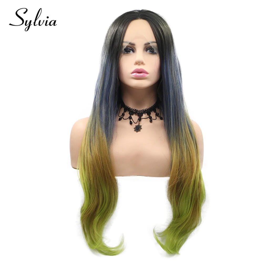 Sylvia черный/серый/зеленый/желтый Ombre естественная волна синтетические волосы на