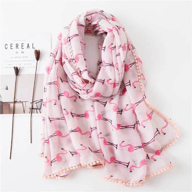 

yishine Fashion New Pink Flamingos Prints with Lace Scarf Shawls for Women Girl Summer Wraps Scarves Beach Shawl for Lady