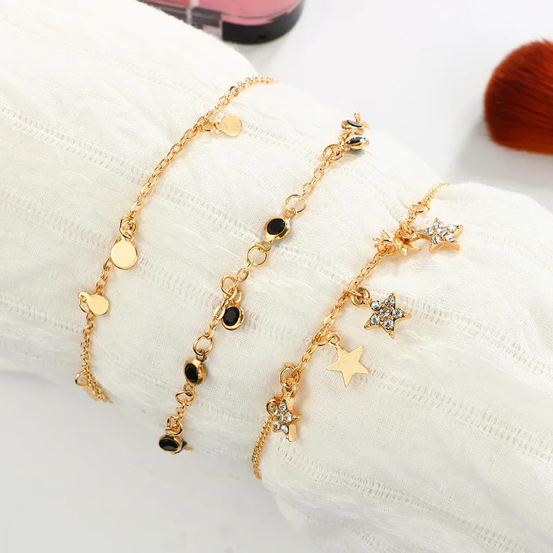 

3Pcs/Set Vintage Fashion Gold Color Crystal Star Pendant Chain Anklets For Women Bohemia Beach Jewelry bransoletka na noge