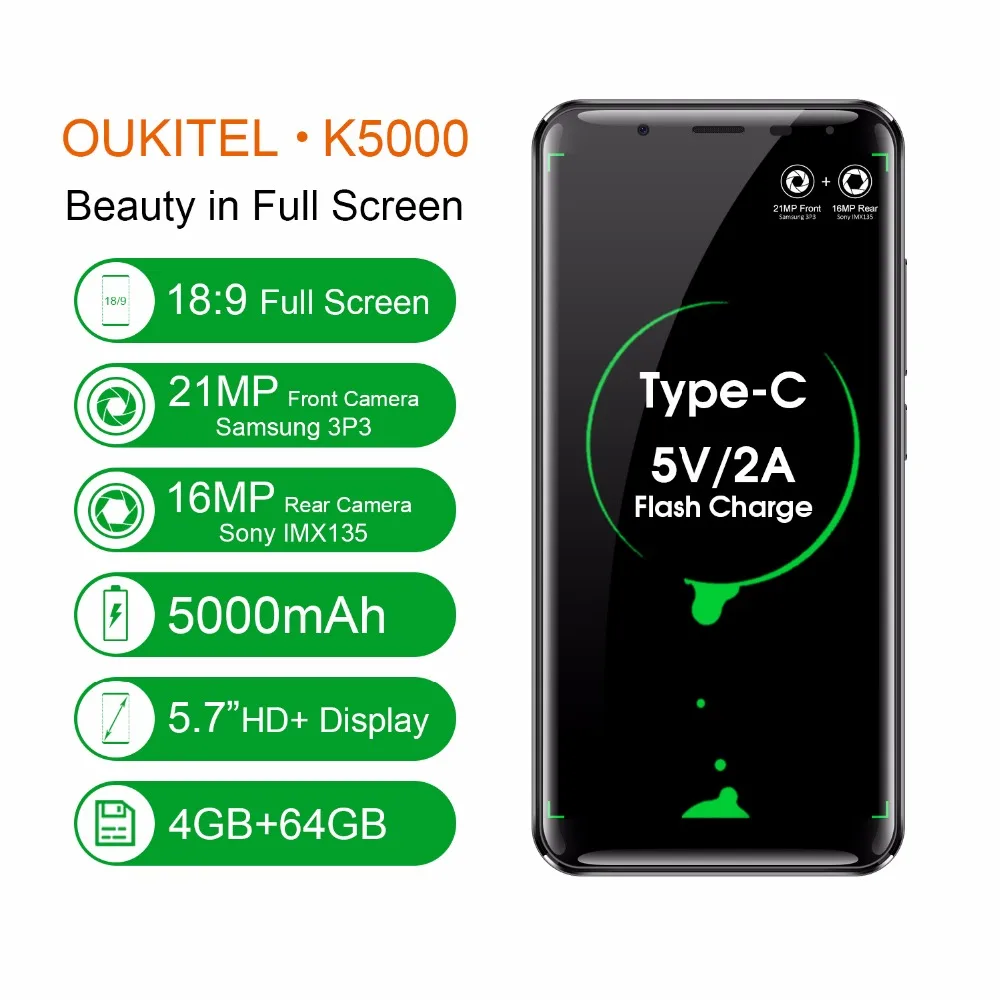 Oukitel K5000 5 7 "HD + 18:9 Дисплей mtk6750 восемь ядер мобильного телефона Android 0 4G B