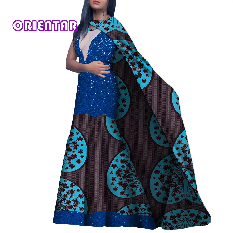 African Dress Women African Print Glitter Bling Party Dresses Sexy Perspective V-neck Floor-length Cloak African Clothes WY4810