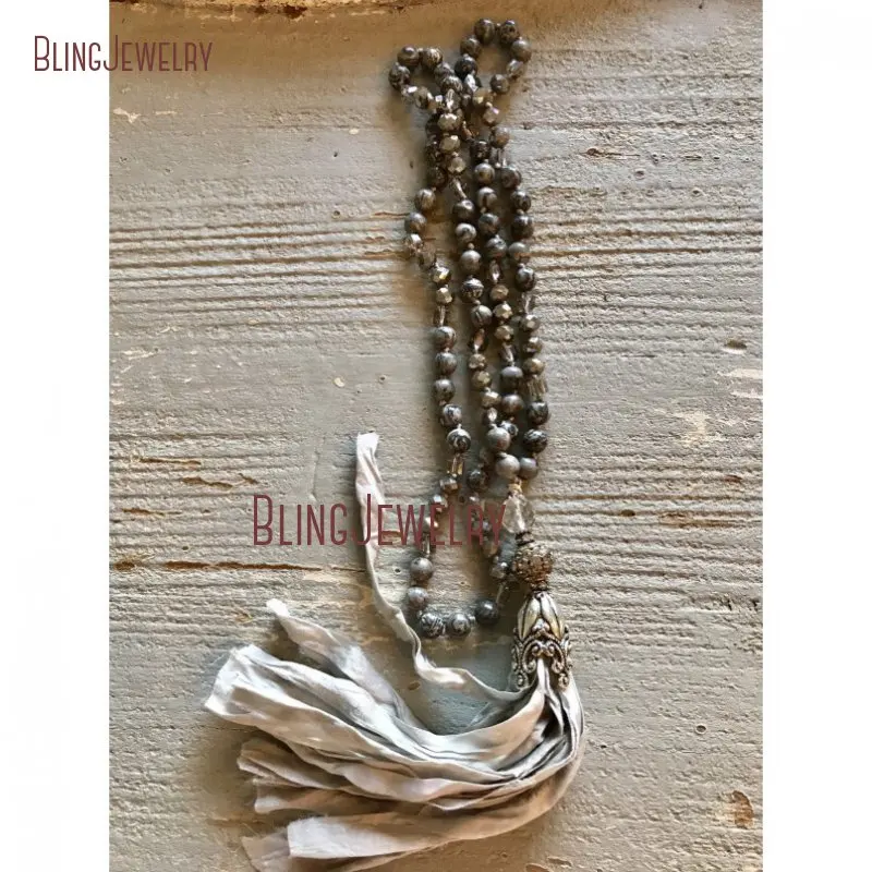 Fun Accessory Black Knot Gems Beads Necklace Shabby BoHo Gray Sari Silk Tassel NM24967 | Украшения и аксессуары