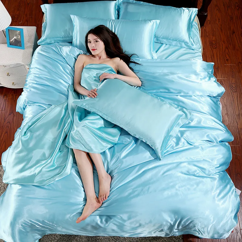 

Silk Light Pink Satin Bedding Sets Solid Satin Quilt Cover Set Flat Sheet Pillow Sham Twin Queen Size 3pcs or 4pcs