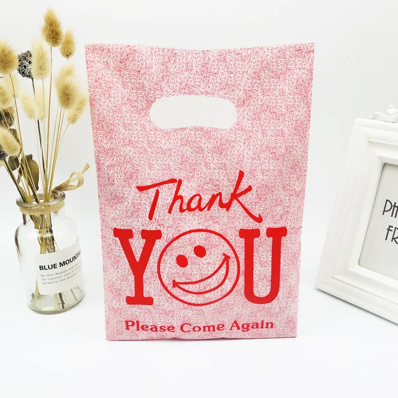 20X30cm Gray / Dark Red ''Thank You " Pattern Plastic Shopping Bags With Handle 50pcs Plastic Jewelry Gift Packaging Bags Handle