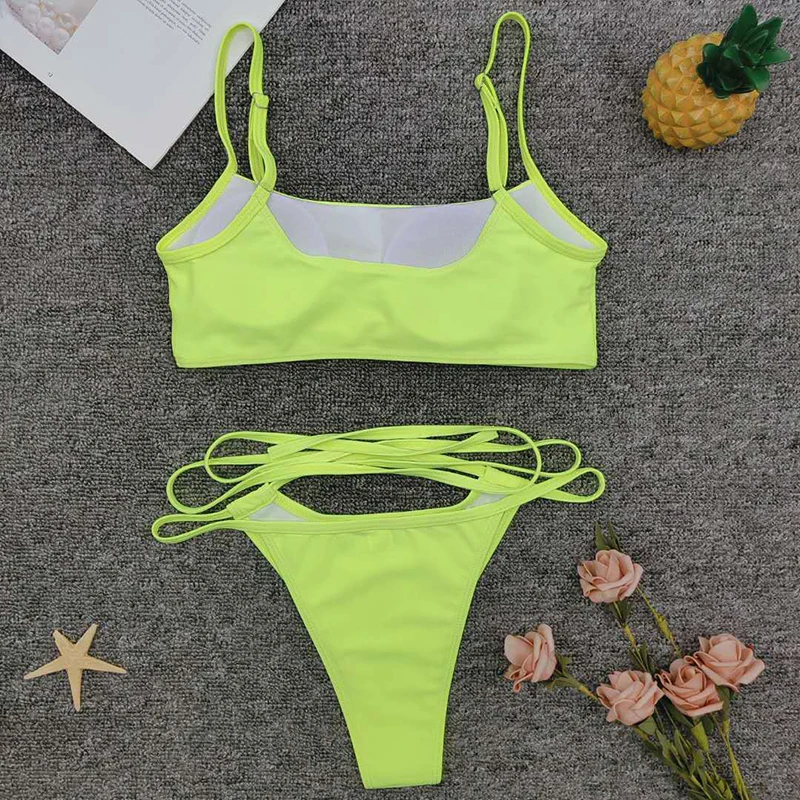 Флуоресцентный зеленый Быстросохнущий купальник женский низкая талия губка