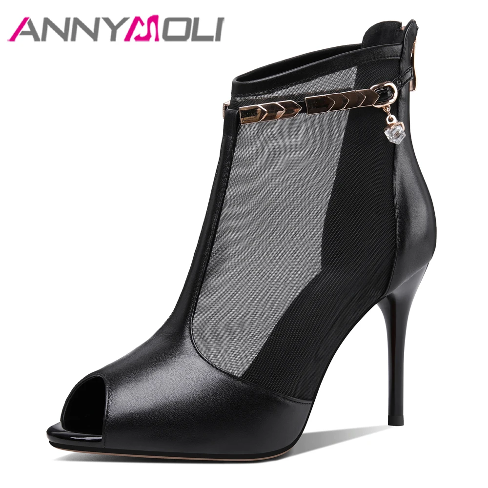 

ANNYMOLI Genuine Leather Shoes Women Rhinestone High Heel Pumps Peep Toe Stiletto Footwear Cut Out Summer Lady Sexy Party Shoes