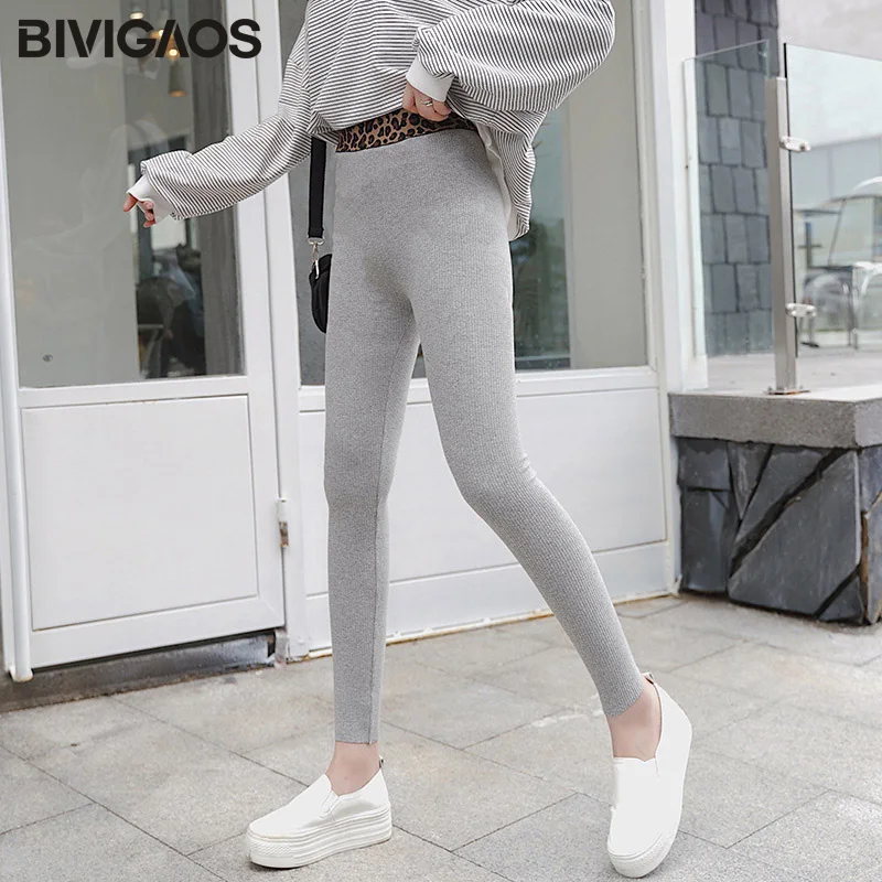 Light Gray BIVIGAOS весенние корейские женские Стиль досуга Модные леопардовые хлопковые леггинсы с вертикальными полосками Узкие повседневные брюки-карандаш - Цвет: Light Gray