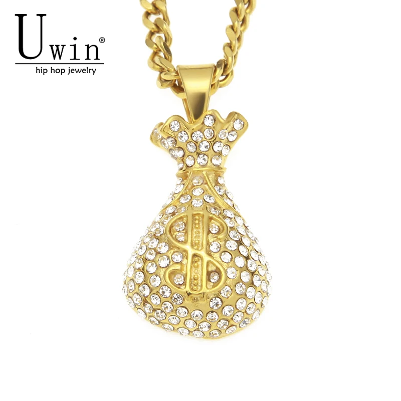 Ожерелье UWIN из нержавеющей стали в стиле хип хоп|money bag pendant|money pendantrhinestone pendants |