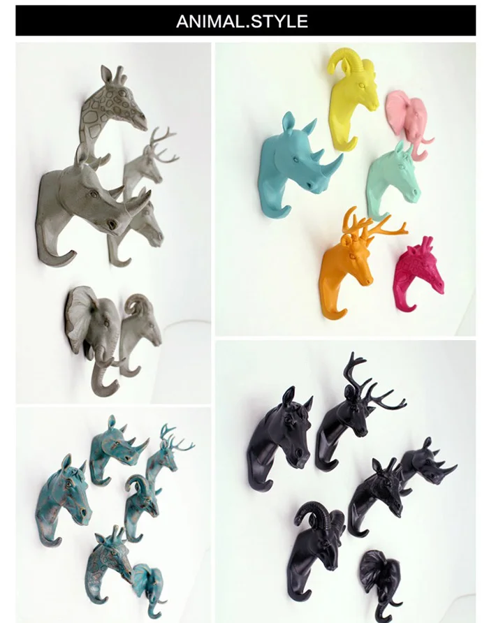 Ретро 3d смолы головой животного ремесел Крючки для халатов украшения стены