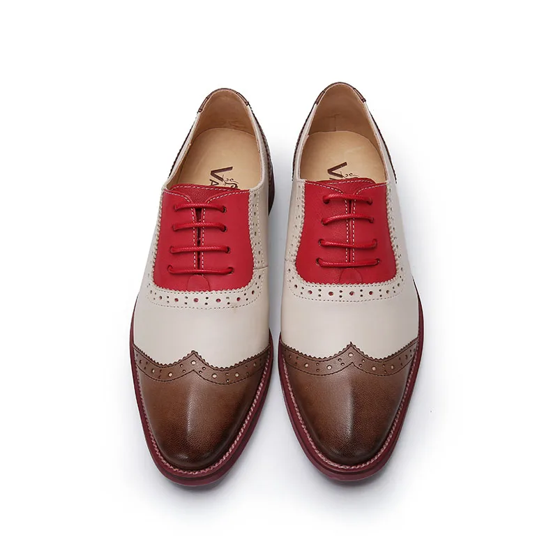 

2021 VALLU Women Brogue Shoes Wingtip Perforated Lace Up Vintage Mixed Color Genuine Leather Oxfords Women Flats Plus Size