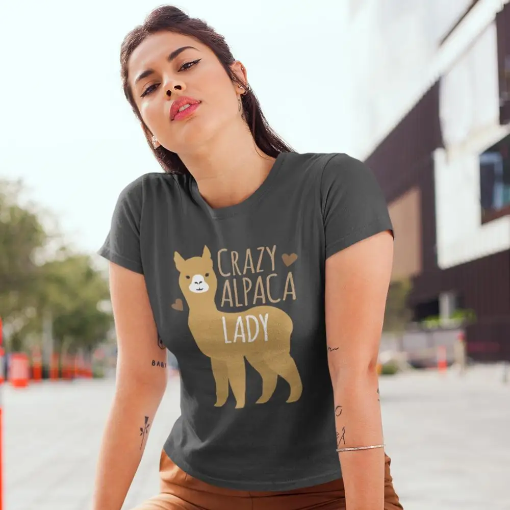 Футболка с изображением козы Crazy Alpaca Lady Футболка с рисунком, короткий рукав, женская футболка XL с круглым вырезом, простая уличная мода, серая женская футболка