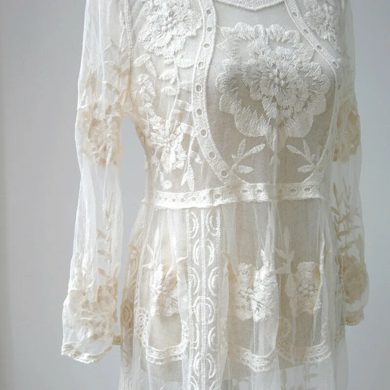 Lace White Dress Women Long Sleeve Transparent Summer 2019 Loose Midi Sexy V-Neck Beach Tunic In Cover-ups BS289 | Женская одежда