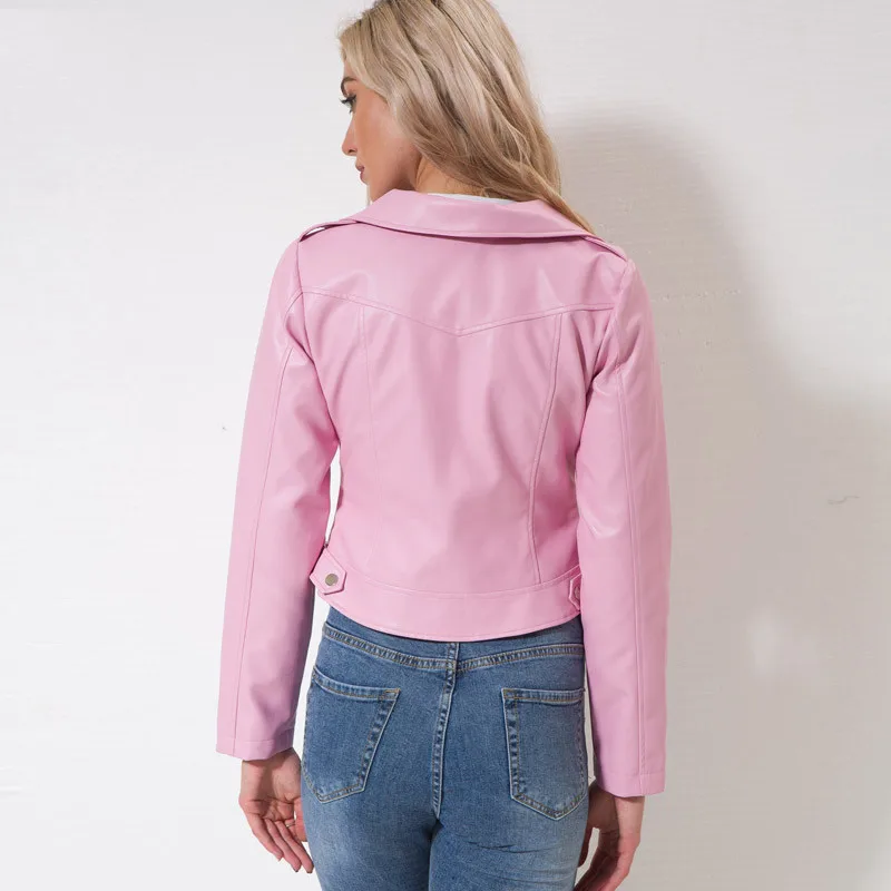 Pink Leather Jacket Women New Autumn Fashion Short Slim Zipper Pockets Waterproof Moto PU Faux Leather Coat Feminina LR267