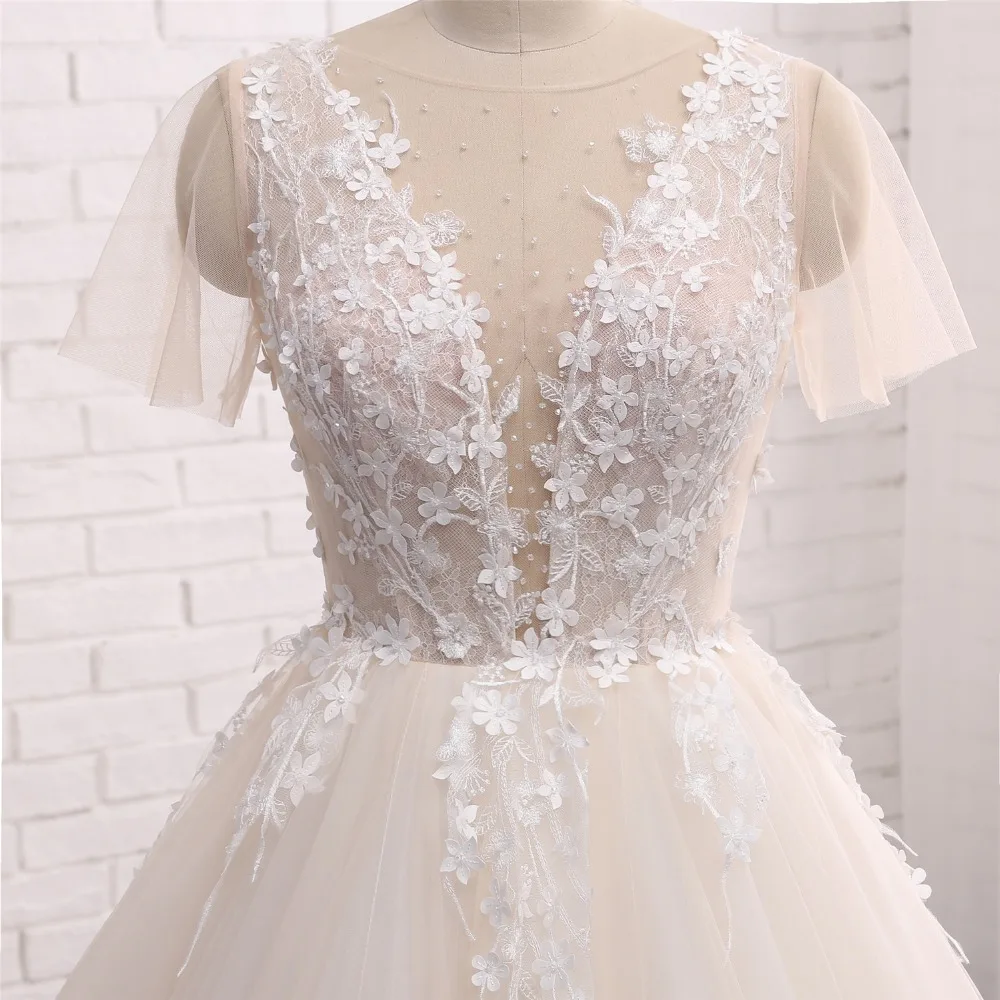 

New Long Wedding Dress 2018 Scoop Short Sleeves A-Line Chapel Train Appliques Tulle Bridal Gowns Vestido de noiva