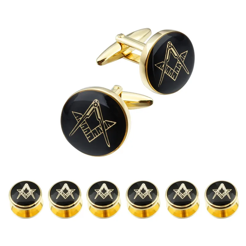 HAWSON Fashion Freemason Cufflinks and Studs Set High Quality Gold and Imitation-Plated Cufflinks Engraved 4/6 pcs Studs Set