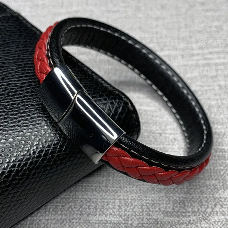 Silver Clasp A Модные черные, красные кожаные браслеты, мужские наручные браслеты, нержавеющая сталь, магнитная пряжка, очаровательные браслеты, мужские ювелирные изделия, подарки - Окраска металла: Silver Clasp A