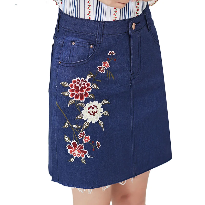 Женская джинсовая юбка с цветочной вышивкой и короткими карманами|denim skirt|skirt florala