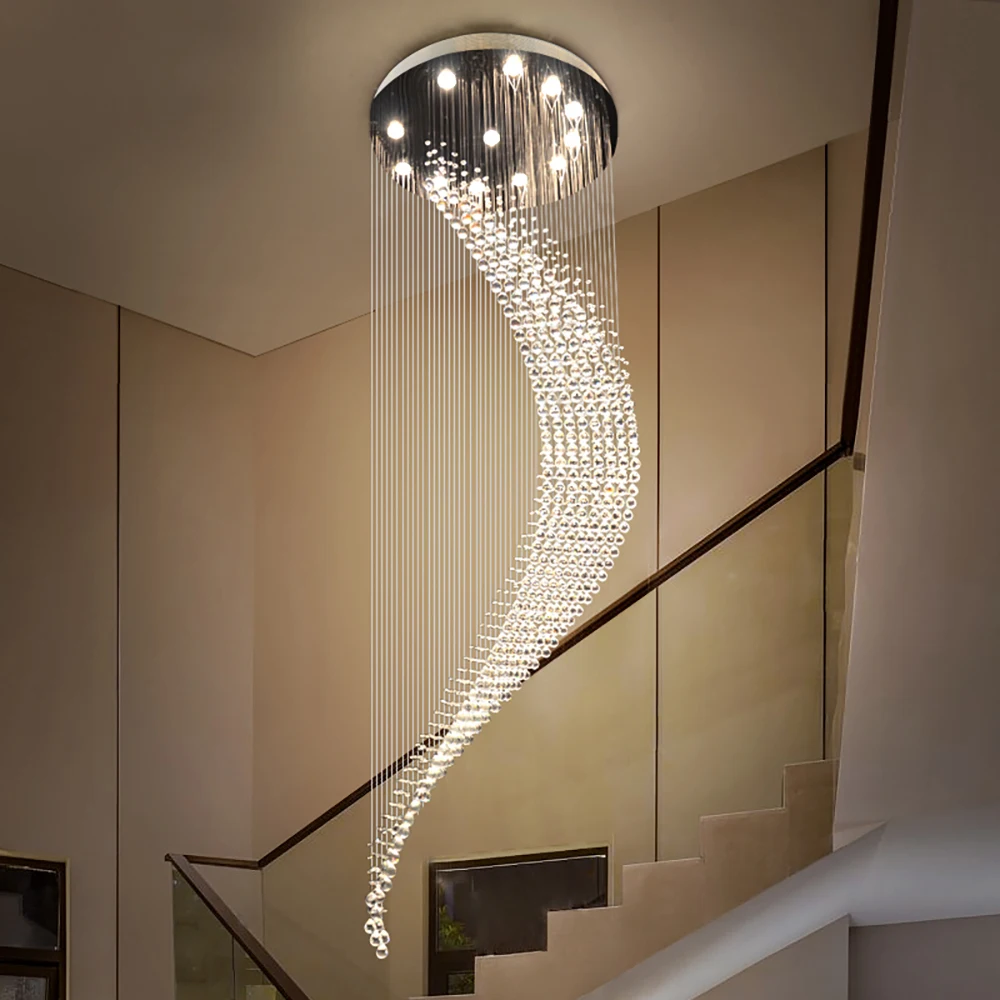 

Modern duplex spiral staircase ceiling chandelier lighting moon long crystal chandeliers villa hall hanging line lamp