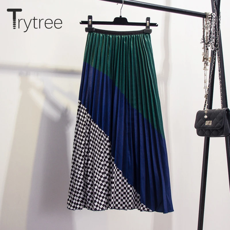 Женская плиссированная юбка Trytree Лоскутная клетчатая в полоску до середины икры