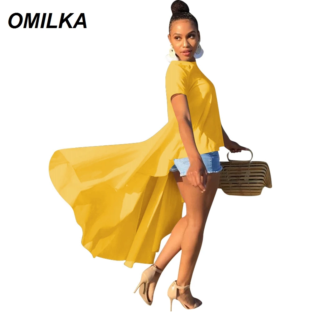 

OMILKA Big Swing Hi Low T Shirt 2019 Summer Women Short Sleeve O Neck Front Short Back Long Irregular Casual Ruffle Tops Tees